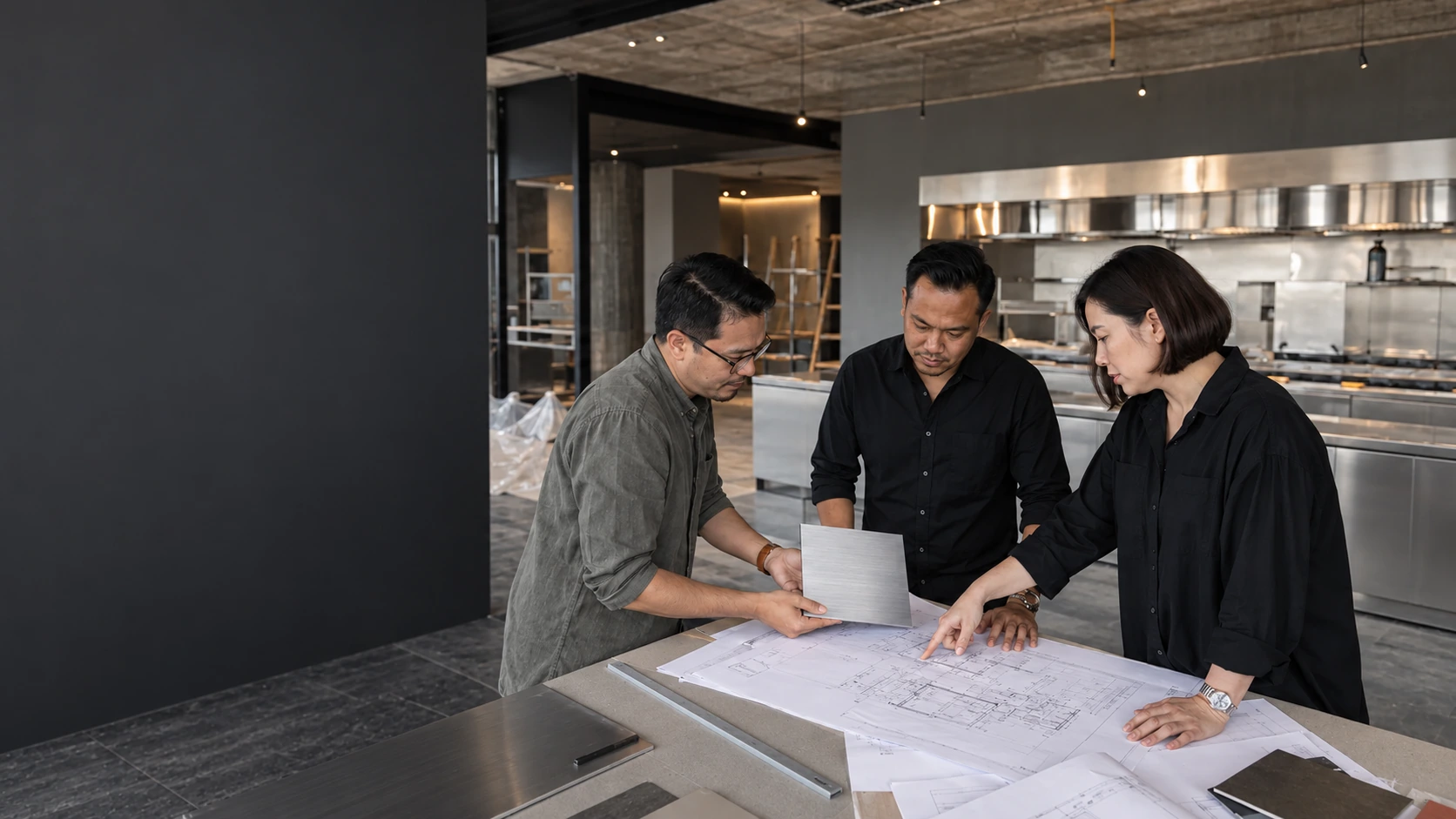 Commercial kitchen project team reviewing plans and a stainless steel finish sample