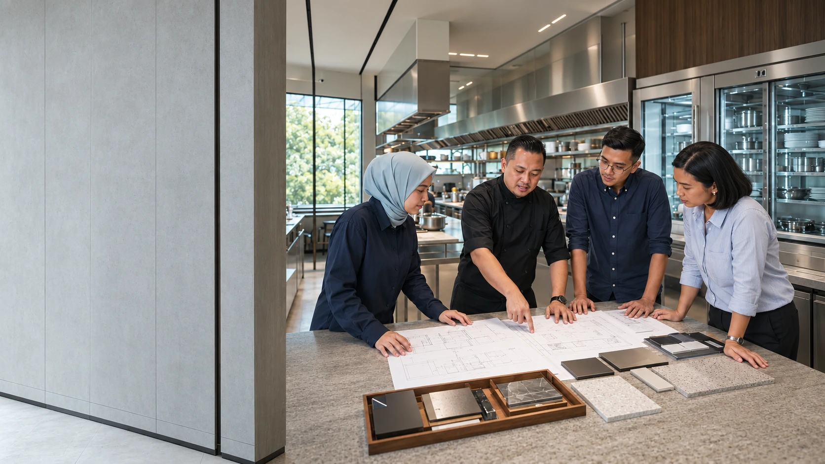 Commercial kitchen design team reviewing a technical plan beside a completed open kitchen