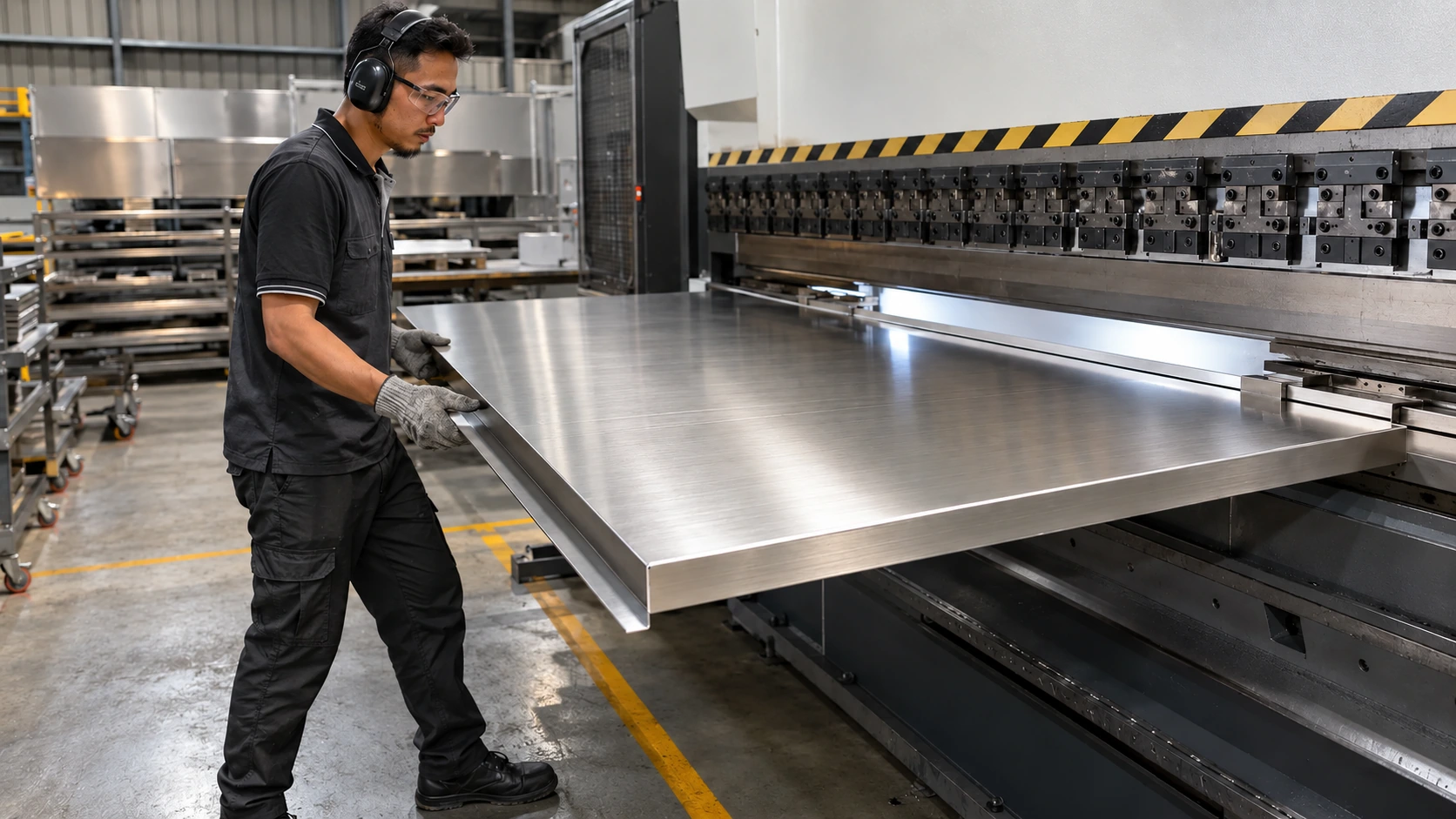 Skilled operator forming a custom SUS304 countertop on a press brake