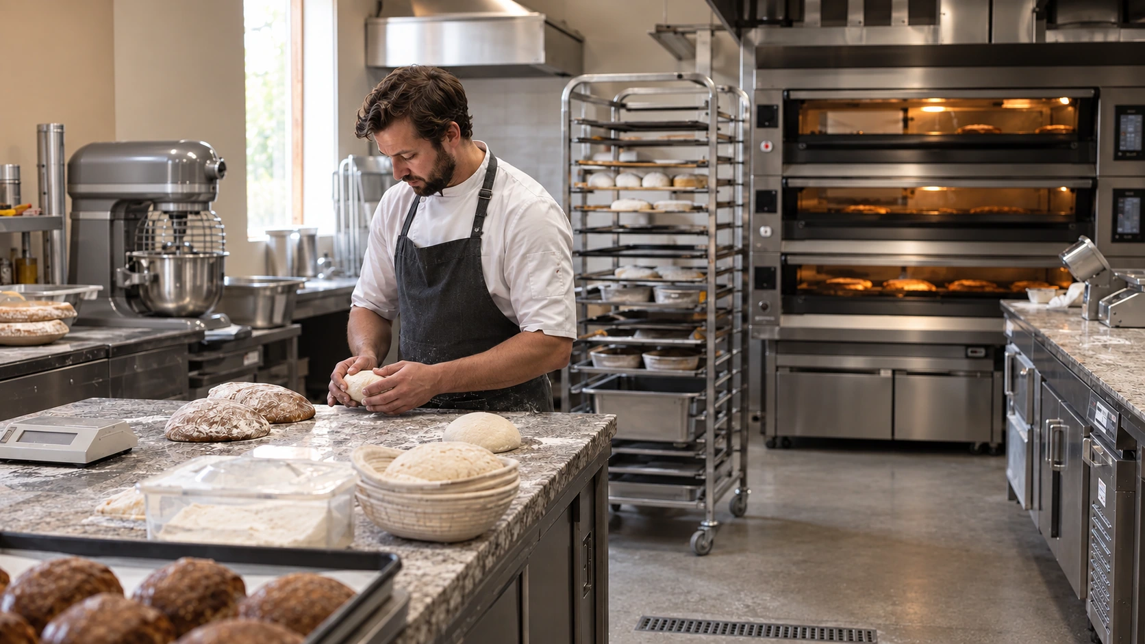 Patisserie production kitchen connected to a cake display