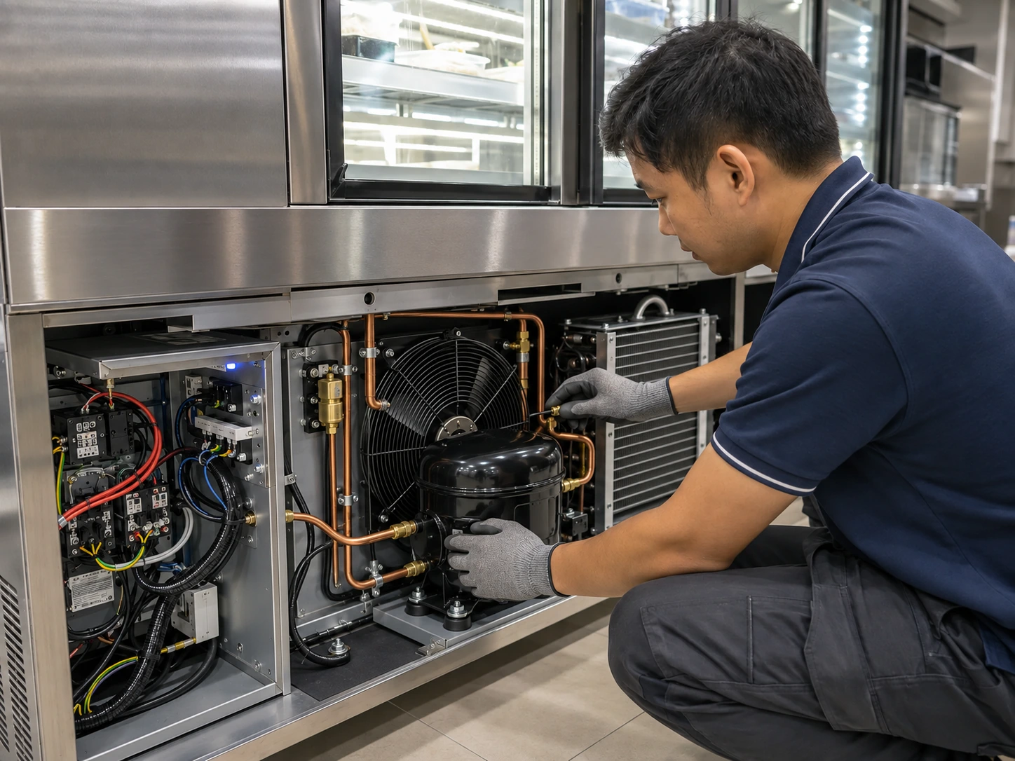 Technician inspecting the serviceable refrigeration core of a display cabinet