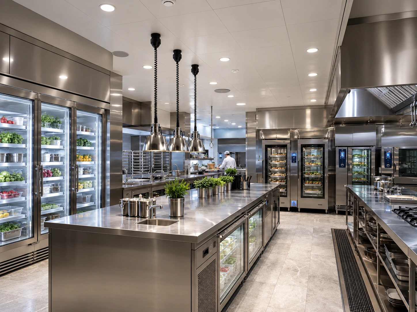 Expansive five-star hotel banquet kitchen with stainless prep islands and glass-front cold storage
