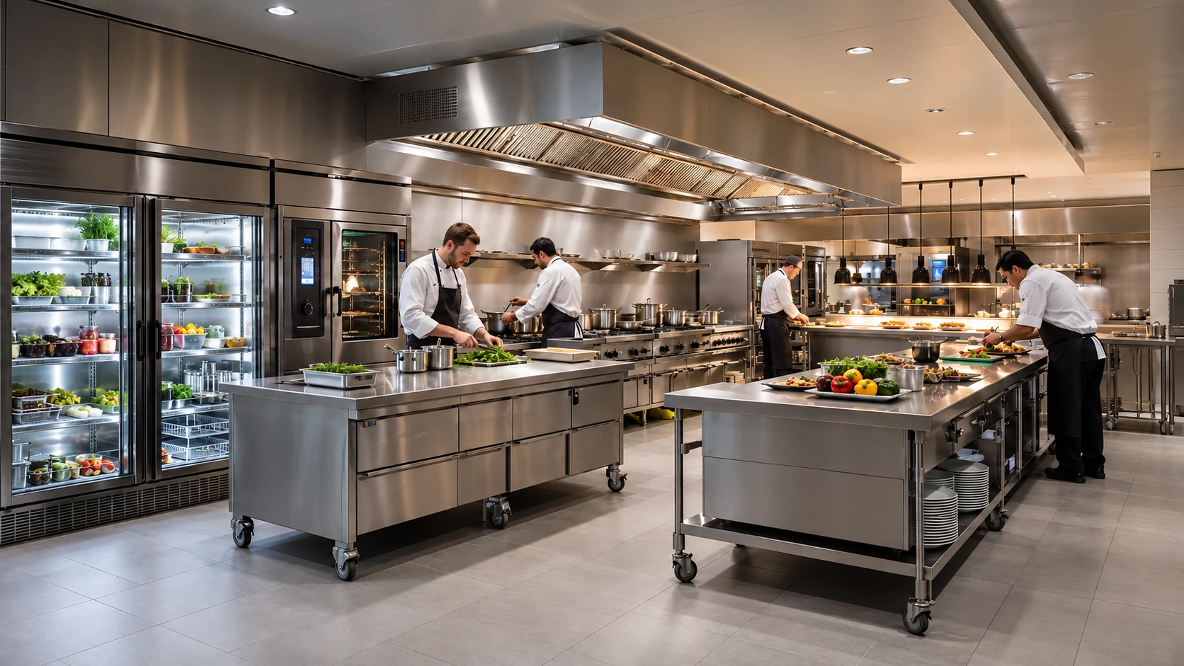 Luxury hotel production kitchen with chefs during service