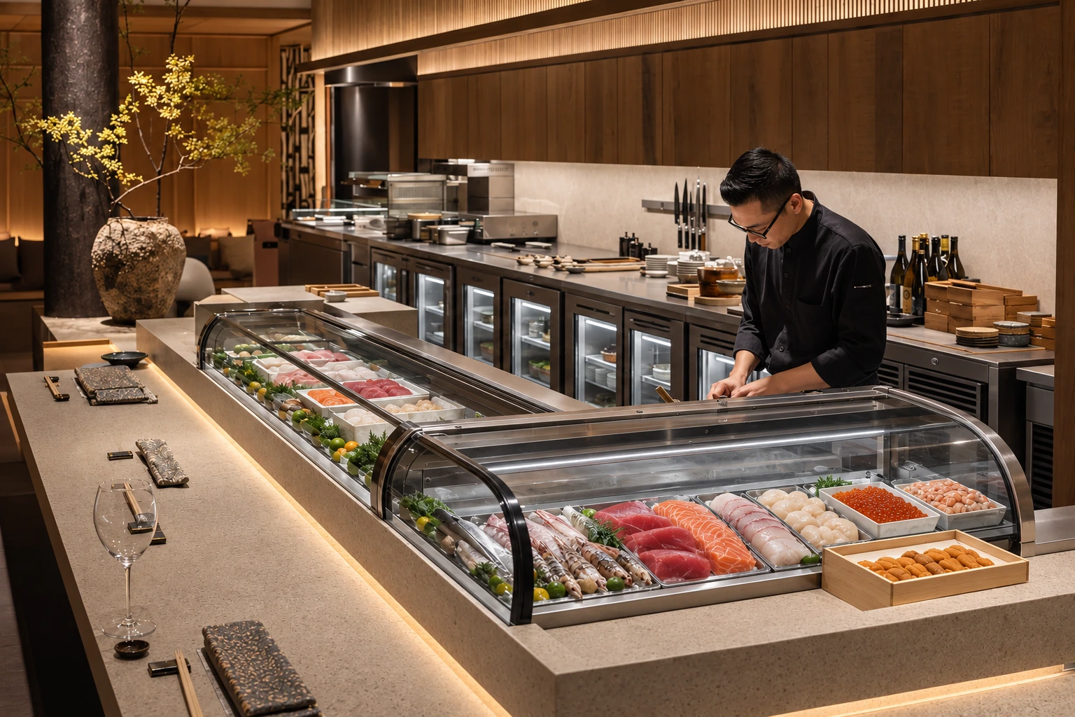Premium omakase kitchen with glass displays and undercounter refrigeration