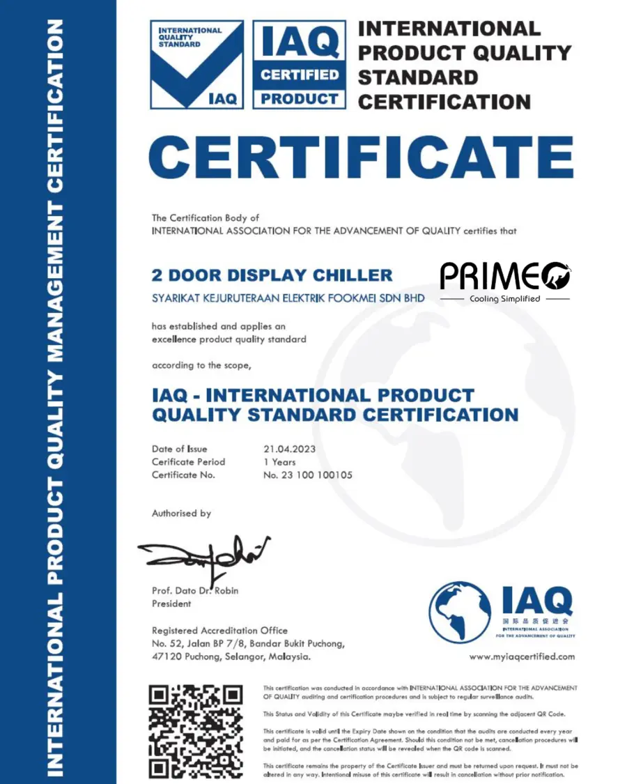 IAQ certification record for Primeo two-door display chiller issued in April 2023