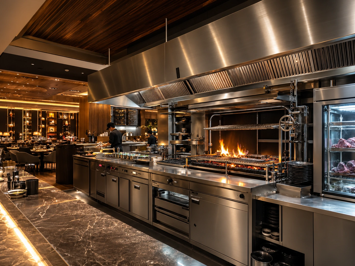 Premium steakhouse open kitchen with stainless steel cooking line and warm dining ambience