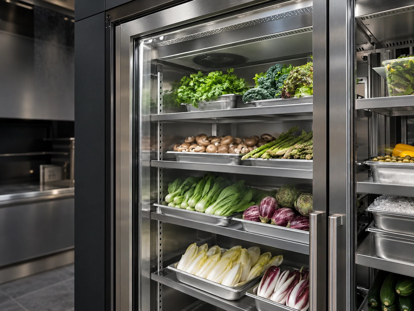 Chilled produce organised behind a low-iron glass refrigeration door