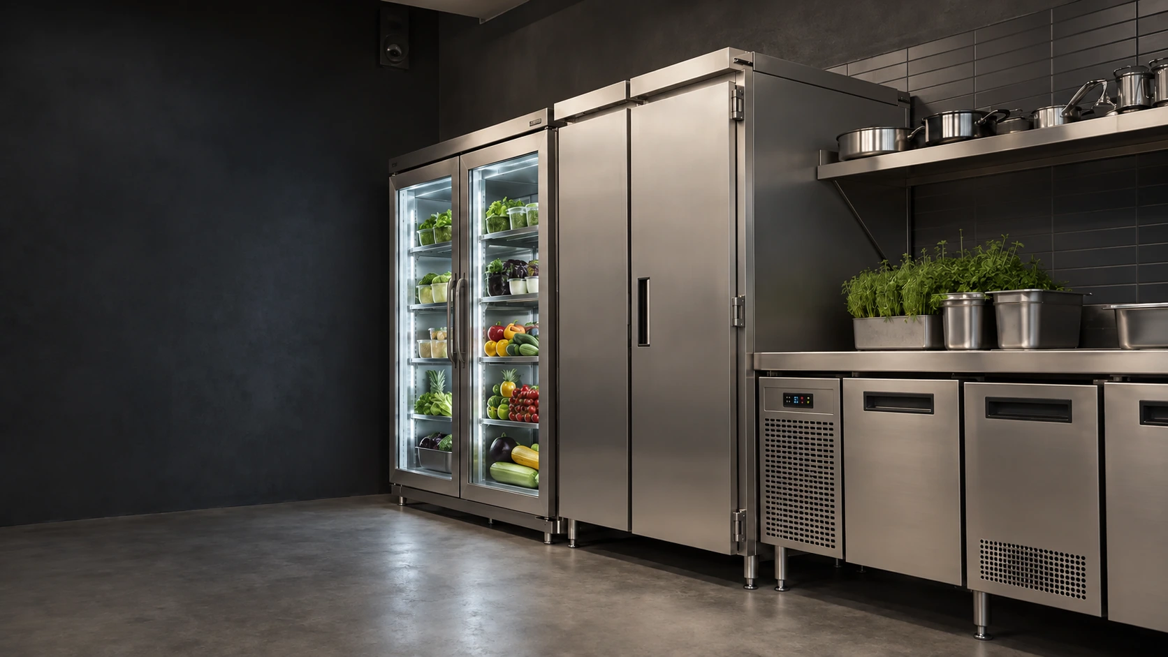 Coordinated glass-door, solid-door and counter refrigeration in a commercial kitchen